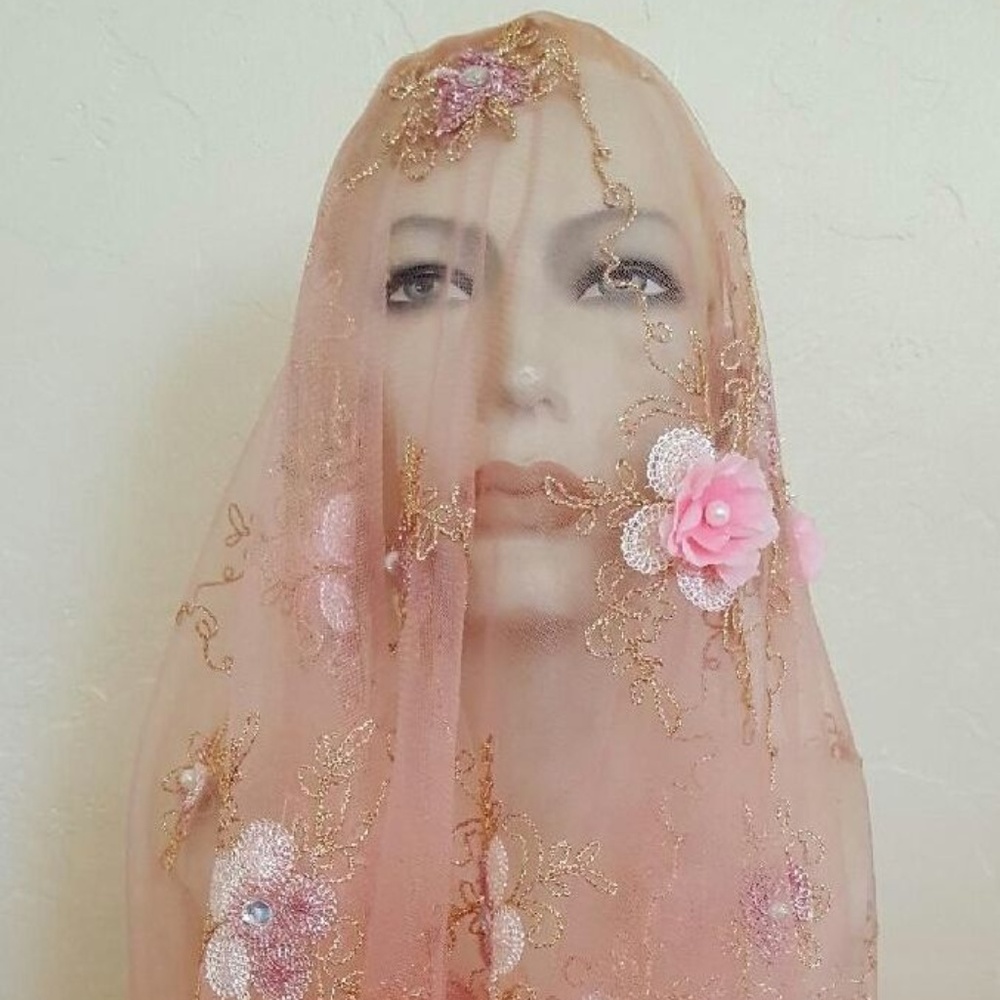 Blush Gold Lace Gatsby 20's Veil Headpiece Set - Picture 8 of 12